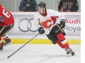 Flames prospect Johnny Gaudreau takes part in a rookie scrimmage at WinSport Arena on Wednesday.