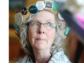 Susan Stratton, one of the original members of the Calgary Raging Grannies gaggle listens during a group chat Tuesday August 4, 2014.