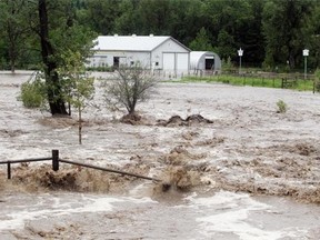 The swollen Three Point Creek thunders past a farm at Millarville June 20, 2013.
