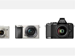 Today’s new cameras pack a photographic punch in small bodies but are also connected and easy to use. (from left) the diminutive Nikon CoolPix A, overachieving Sony a6000 and the iconic Olympus OM-D E-M1.
