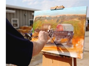 This is about 10 minutes into Doug Levitt’s one-hour painting of Jason Glass’s chuckwagon.