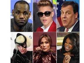This combination of file images shows clockwise from upper right: NBA player LeBron James, Singer Justin Bieber, New Jersey Governor Chris Christie, media proprietor Oprah Winfrey, singer Jennifer Lopez and singer Lady Gaga. These are just a handful of celebrities who have taken the “ALS Ice Bucket Challenge.