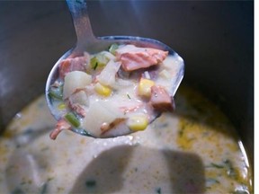 This hearty chowder is stocked with bits of sockeye salmon, smoked salmon, corn, dill and potatoes.
