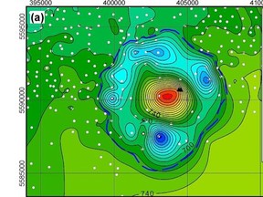 This map shows the structure and contour of the Bow City crater. Colour variation shows metres above sea level.