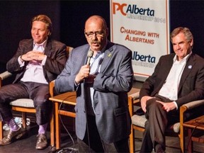 The three PC leadership candidates, from left, Thomas Lukaszuk, Ric McIver, and Jim Prentice, are hustling selling memberships before Wednesday’s midnight deadline, with voting set to begin Friday.