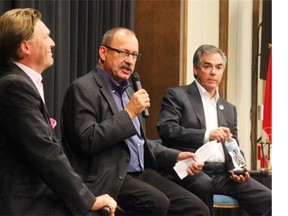 From left, Thomas Lukaszuk, Ric McIver and Jim Prentice have seen the issues in the Tory leadership campaign take a backseat to smears and infighting.