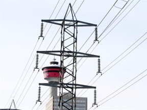 Power lines run through the centre of downtown Calgary