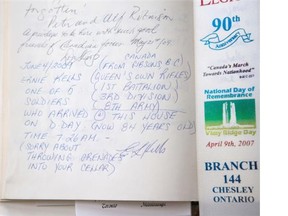 CTV 
 Visiting veterans leave notes in the guest book at Canada House, like this one from Ernie Kells.