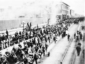 56th Battalion, Canadian Expeditionary Force parading before going overseas, 2nd Street and 9th Avenue S.E., Calgary, Alberta. Date: 1914 Photo: Courtesy, Glenbow Museum
