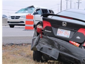 Two adults and a child were taken to hospital in serious but stable condition after a two vehicle collision on southbound Deerfoot Trail around noon Wednesday.