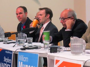 Some of the candidates running in the Edmonton-Whitemud byelection Tim Grover Wildrose party, left to right, Rene Malenfant, Green party, Stephen Mandel, Progressive Coservatives, William Munsey, Alberta Party, take part in a debate on Wednesday Oct. 22, 2014. THE CANADIAN PRESS/Dean Bennett