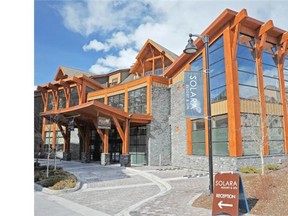 Bellstar Hotels & Resorts The natural exterior of stone and slate welcomes guests at the entrance to the five-star Solara Resort at Spa in Canmore.