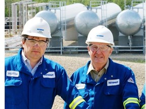 CEO Jim Bertram and board member Peter Lougheed are caught on a tour of Keyera’s Rimbey gas plant in 2004.