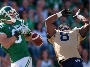Blue Bombers defensive back Chris Randle knocks away a pass intended for Roughriders receiver Rob Bagg earlier this season. Despite a long losing streak, Randle has enjoyed his time in Winnipeg this season.