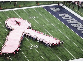 Breast cancer survivors form a pink ribbon on the field during halftime at a recent game between the Houston Texans and the Dallas Cowboys. Reader says awareness has to come with proper care.