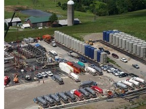 This 2012 image provided by Stanford University, shows fracking operations at a wellpad overlying the Marcellus Formation in Pennsylvania. A new study says that the drilling procedure called fracking didn't cause much-publicized cases of tainted water, blaming contamination on leaky natural gas wells instead. (AP Photo/Stanford University, Rob Jackson)