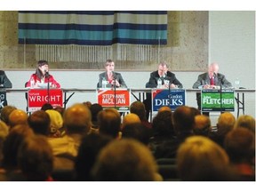 Calgary-Elbow byelection candidates, from left, Greg Clark, Susan Wright, Stephanie McLean, Gordon Dirks and John Fletcher take part in a debate at the Temple B’nai Tikvah on October 8, 2014.
