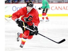 Calgary Flames Sam Bennett during Flames practice last month at the Scotiabank Saddledome. A shoulder problem has forced Sam Bennett out of the Calgary Flames’ ninth and last pre-season tilt against Winnipeg.