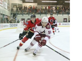 Calgary Flames centre Turner Elson chased Arizona Coyotes left winger Darian Dziurzynski into the corner during second period NHL action during the Kraft Hockeyville 2014 game on Wednesday in Sylvan Lake.