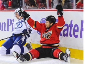 Calgary Flames defenceman Dennis Wideman celebrates after scoring against the Tampa Bay Lightning on Tuesday night.