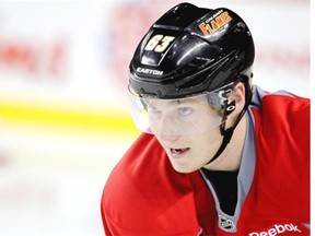 Calgary Flames prospect Sam Bennett skates during practice on Tuesday. Though it was a welcome return to the ice following a groin injury, the 18-year-old won’t be suiting up in Sylvan Lake for a preseason game against the Arizona Coyotes on Wednesday.