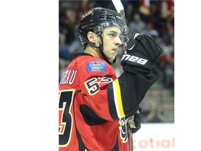 Calgary Flames prospect Johnny Gaudreau pumps his fist after scoring on the Edmonon Oilers in the first period in the Youngstars Tournament in Penticton, B.C. on Saturday night.