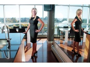 Calgary realtor Kaitlyn Gottlieb, with Century 21 Bamber Realty, shows off the view from the kitchen of a luxury condo in the inner-city.