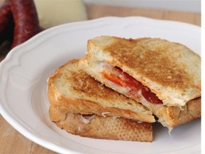 CALGARY, AB.; SEPTEMBER 29, 2014 — Chorizo, mini peppers and Manchego grilled cheese. Recipe from Laura Washburn’s new cookbook, Grilled Cheese. Photo by Gwendolyn Richards, Calgary Herald.