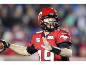 Calgary Stampders quarterback Bo Levi Mitchell lets a throw go aghainst the Saskatchewan Roughriders during the first half at McMahon Stadium Friday evening October 24, 2014.