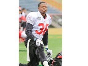 Calgary Stampeders defensive back Buddy Jackson stretches on the sidelines at McMahon Stadium on Wednesday. He’s aiming to put a balky hamstring problem behind him and hopes to play this weekend.