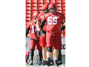 Calgary Stampeders offensive lineman Brett Jones works in practice on Wednesday.