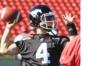 Calgary Stampeders quarterback Drew Tate throws during practice on Wednesday at McMahon Stadium. He has been declared the starter against the Saskatchewan Roughriders on Friday.