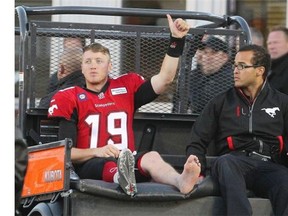 Calgary Stampeders quarterback Bo Levi Mitchell is taken off the field after getting injured against Toronto on Saturday night. The Stamps don’t expect him to be on the shelf long-term, which is the good news.