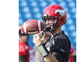 Calgary Stampeders quarterback Bo Levi Mitchell throws during Stamps practice on Thursday.