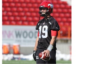 Calgary Stampeders quarterback Bo Levi Mitchell waits between drills at practice on Thursday.