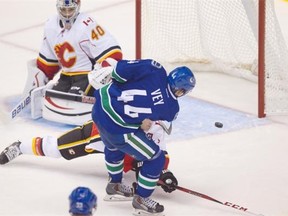 Canucks forward Linden Vey (44) scores against Flames goaltender Doug Carr during the second period of Vancouver’s 3-0 NHL pre-season game in Vancouver Friday night.