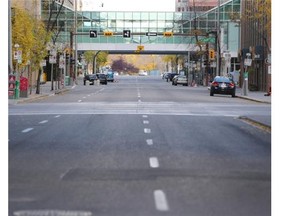 A closed and desolate 7th Street S.W. after power was knocked out to a large portion of downtown Calgary as an electrical fire occurred underground Saturday night .