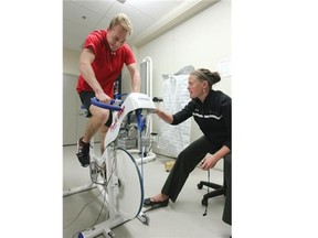 Calgary Flames prospect Sam Bennett performed his 10-second test with Canadian Sport Institute exercise physiologist Jessica Kryski during rookie fitness testing at WinSport on Thursday.