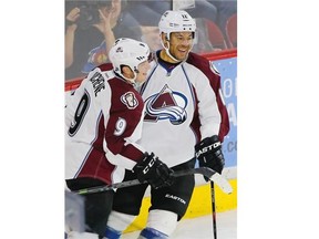 Colorado Avalanche winger Jarome Iginla celebrates a goal with Matt Duchene during a scrimmage gamer earlier this month.