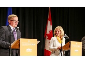 David Eggen, left, Rachel Notley and Rod Loyola at the New Democratic Party leadership debate Wednesday at Fort Calgary.