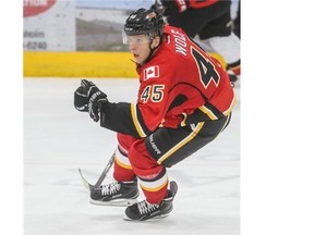 David Wolf skates up the ice during the Flames rookie game against the University of Calgary Dinos on Wednesday.