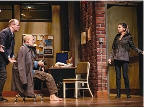 Eric Nyland, Andrew Musselman, John Koensgen (seated) and Michelle Monteith in Alberta Theatre Projects' Butcher. 
 Courtesy, Trudie Lee.