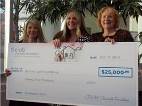 Adrienne Moul and Joanne Troller of the Bethany Care Foundation accept a cheque for $25,000 from Sue Saunders of the Calgary Real Estate Board. In total, the CREB donated $100,000 to five different local charities.