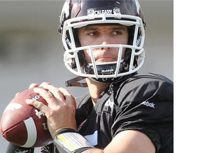 Incoming quarterback Casey Pachall throws during Calgary Stampeders practice on Wednesday. The Texas Christian product will be the Stamps’ No. 3 until Bo Levi Mitchell recovers from injury.