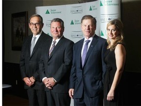 The inductees into the Calgary Business Hall of Fame gather before the ceremony on October 23, 2014 at the Calgary Hyatt-Regency. Pictured from left are Clayton Woitas, David Johnson, Rick George and, Lindsay Stollery posthumously representing her father Gordon Stollery.
