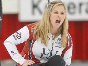 Jennifer Jones yells for her sweepers during action at the Autumn Gold Classic at the Calgary Curling Club on Monday afternoon.