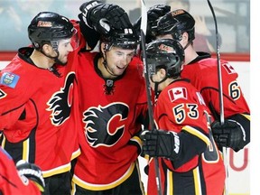Josh Jooris of the Calgary Flames celebrates his second goal of the game against the Winnipeg Jets on Thursday night.