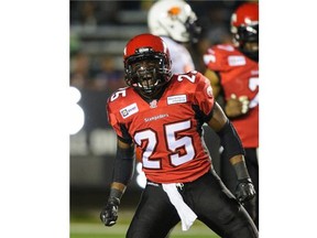 Keon Raymond of the Calgary Stampeders celebrates after making an interception against the B.C. Lions during their game last Saturday.