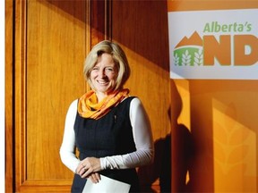 NDP leader Rachel Notley speaks to the media at the Westin hotel in Calgary on Oct. 23.