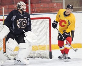 Marcus Granlund was taking shots on goalie Karri Ramo during Calgary Flames practice on Monday.